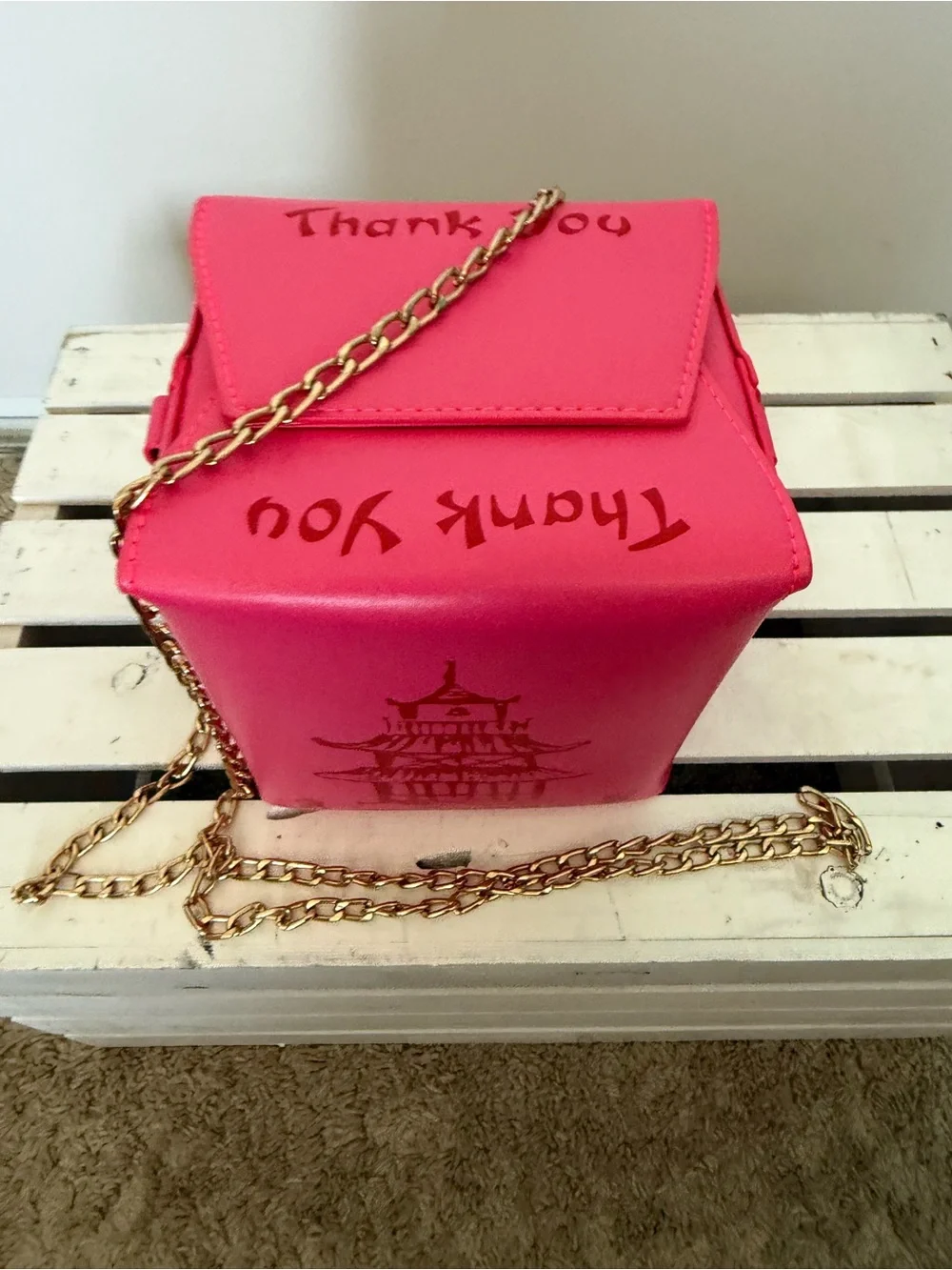 Bright Pink Pagoda-Print Crossbody with Gold Chain